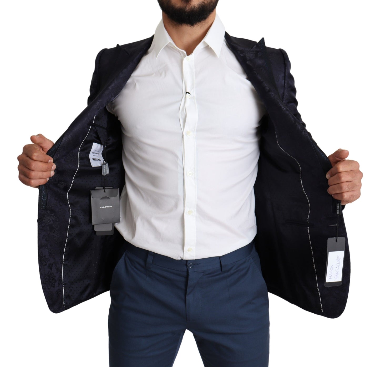 Dolce & Gabbana, manteau en soie jacquard bleu à motifs floraux, veste MARTINI.