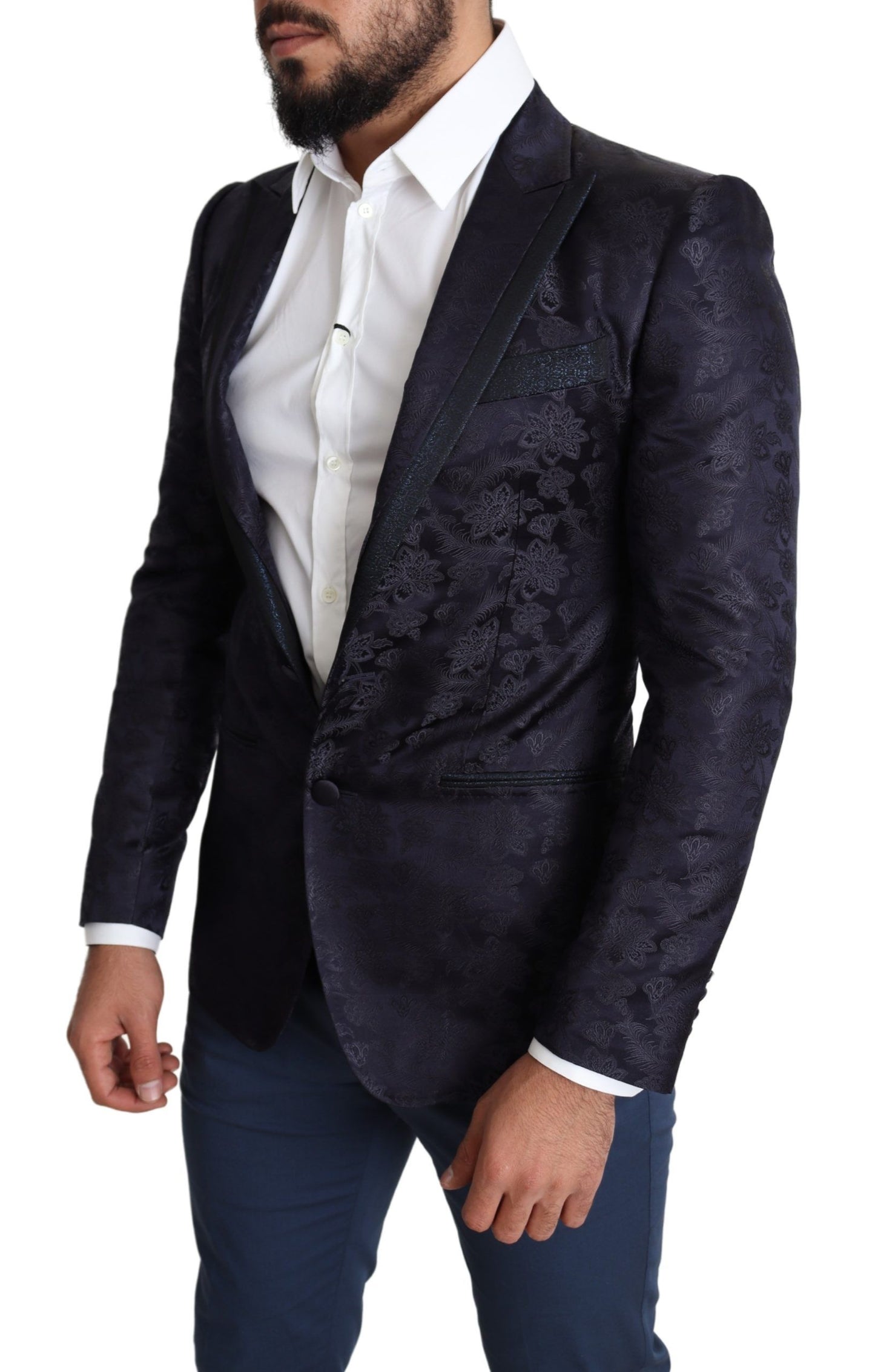 Dolce & Gabbana, manteau en soie jacquard bleu à motifs floraux, veste MARTINI.