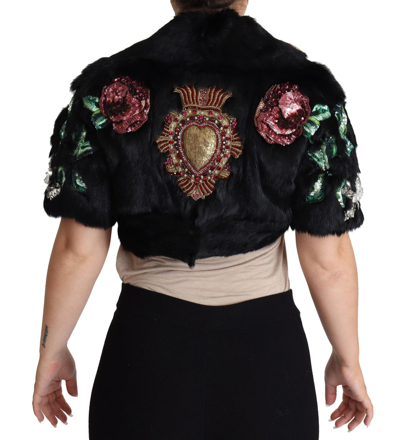 Manteau Dolce &amp; Gabbana en fourrure de lapin noir, cristaux et sequins