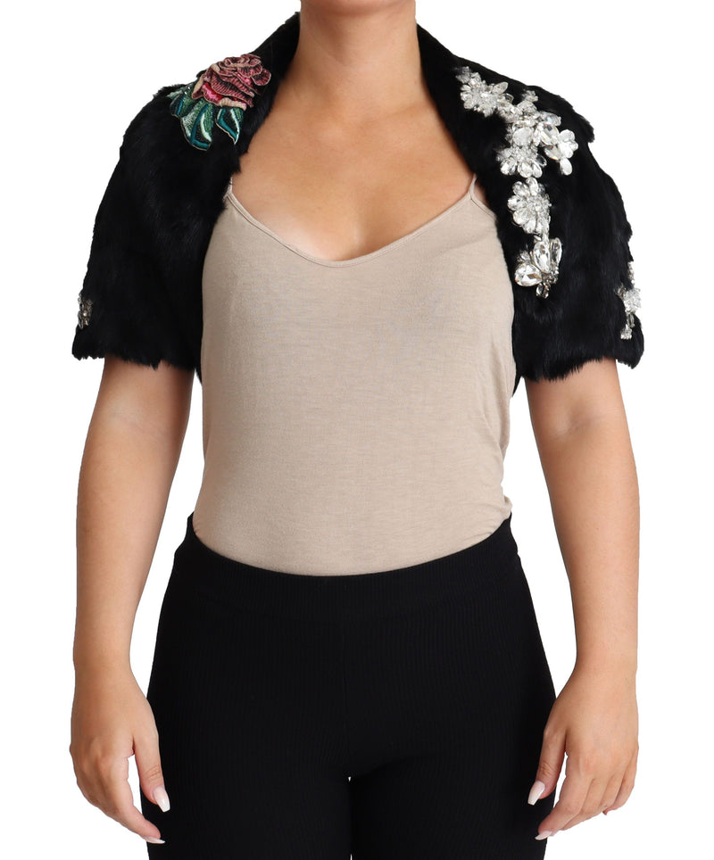 Manteau Dolce &amp; Gabbana en fourrure de lapin noir, cristaux et sequins