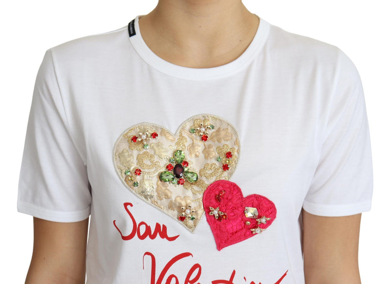 Haut t-shirt Dolce & Gabbana blanc San Valentino avec cœurs en cristaux