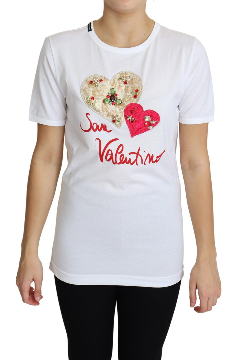 Haut t-shirt Dolce & Gabbana blanc San Valentino avec cœurs en cristaux