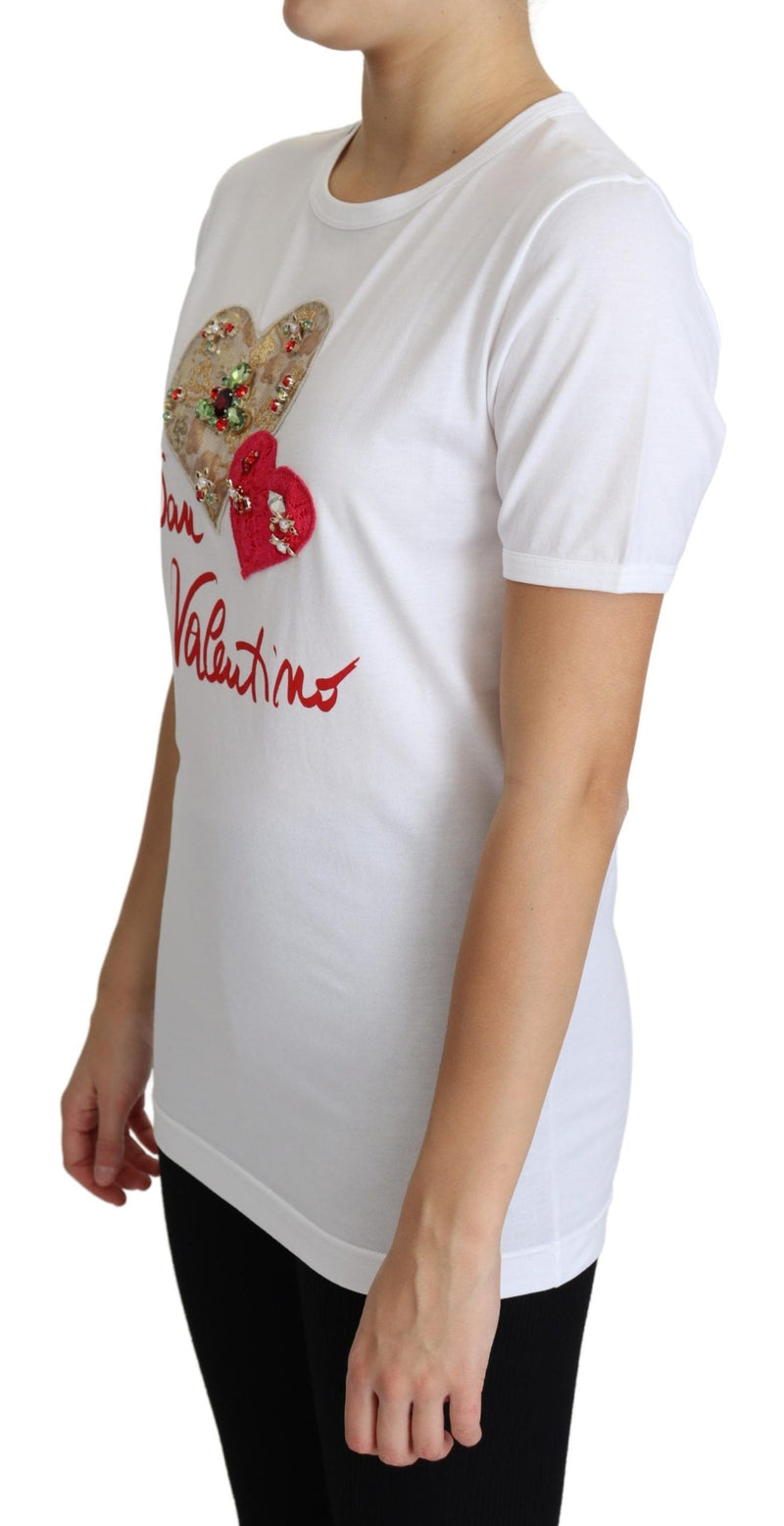 Haut t-shirt Dolce & Gabbana blanc San Valentino avec cœurs en cristaux