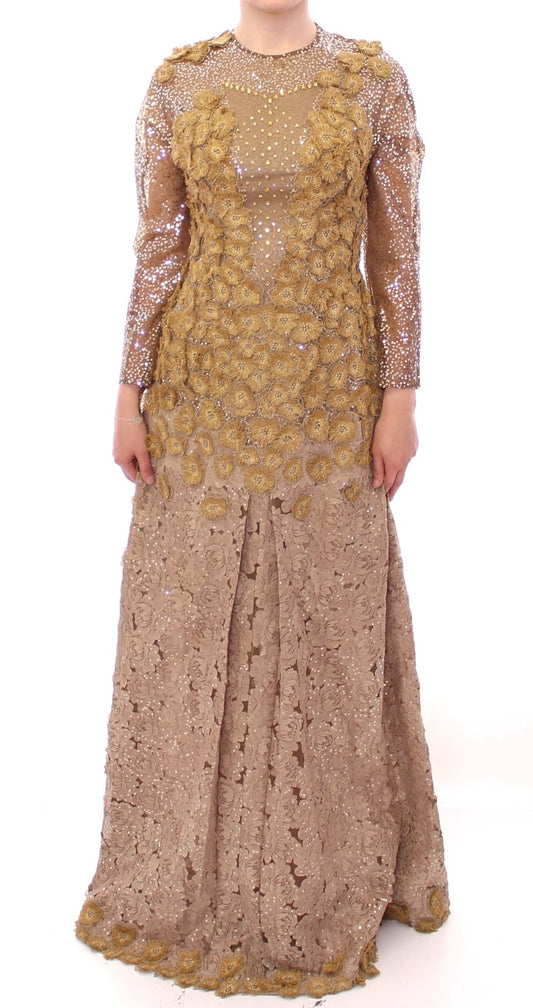 Robe longue en dentelle et cristal dorée de Lanre Da Silva Ajayi