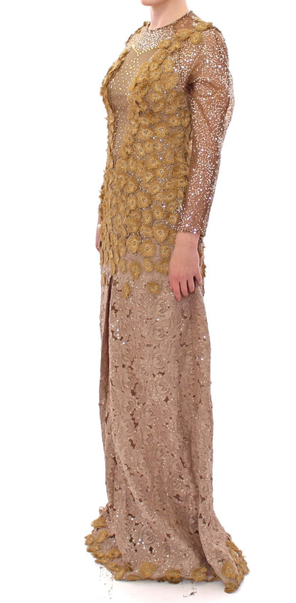 Robe longue en dentelle et cristal dorée de Lanre Da Silva Ajayi