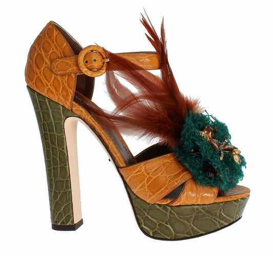 Sandales à plateforme en cuir orange avec cristaux de Dolce & Gabbana