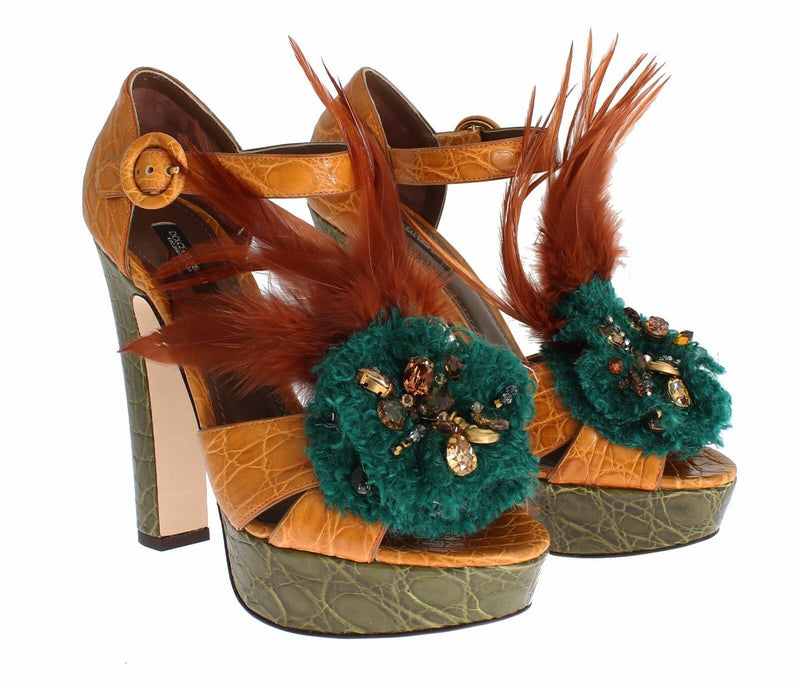 Sandales à plateforme en cuir orange avec cristaux de Dolce &amp; Gabbana