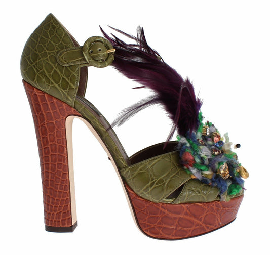 Sandales à plateforme en cuir vert et cristaux de Dolce & Gabbana