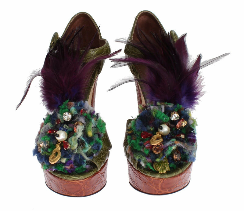 Sandales à plateforme en cuir vert et cristaux de Dolce &amp; Gabbana