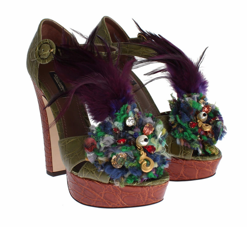 Sandales à plateforme en cuir vert et cristaux de Dolce &amp; Gabbana