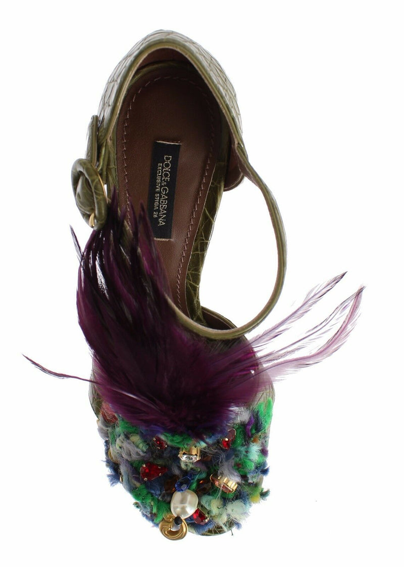 Sandales à plateforme en cuir vert et cristaux de Dolce &amp; Gabbana