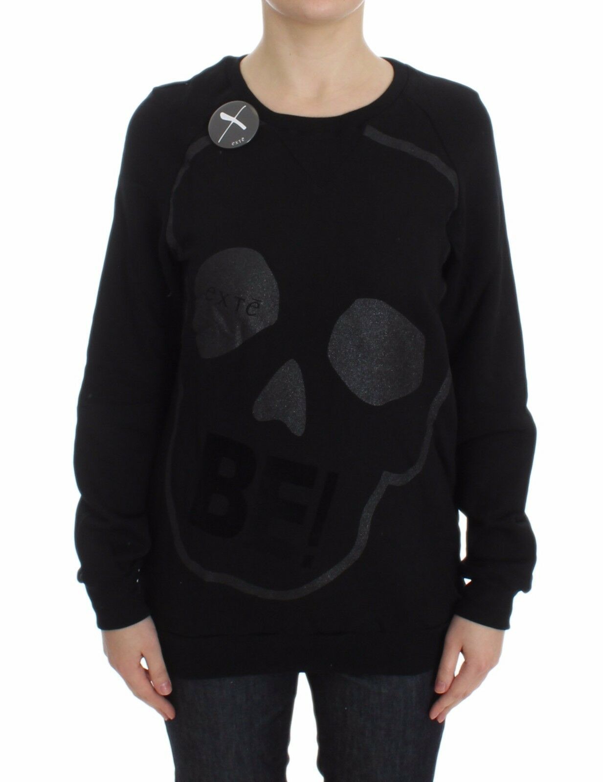 Pull en coton noir à motif Exte, col rond.