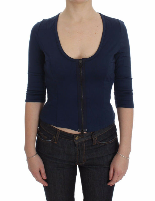 Pull en coton bleu clair à fermeture éclair et col rond.