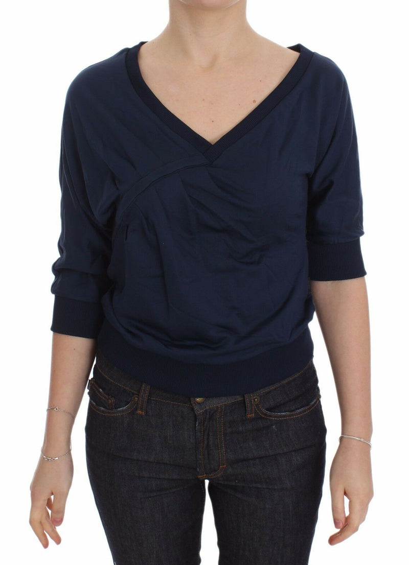Pull en coton bleu Exte pour femme, décolleté en V profond