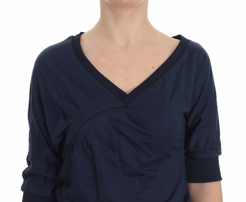 Pull en coton bleu Exte pour femme, décolleté en V profond