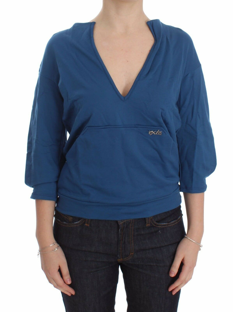 Pull en coton bleu Exte pour femme, décolleté en V profond