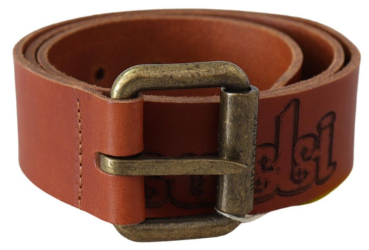 Just Cavalli Bruine Leren Logo Bronzen Rustieke Metalen Gesp Riem