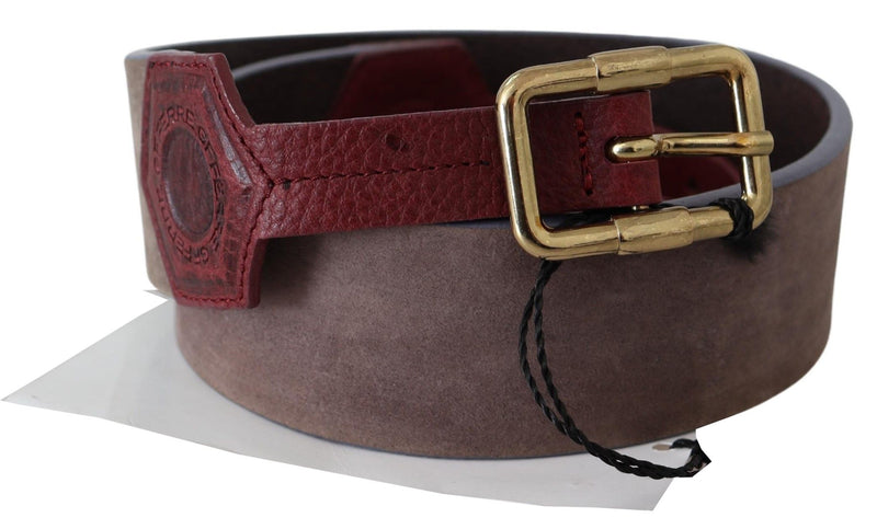 Ceinture large en cuir marron GF Ferre avec boucle chromée dorée et logo