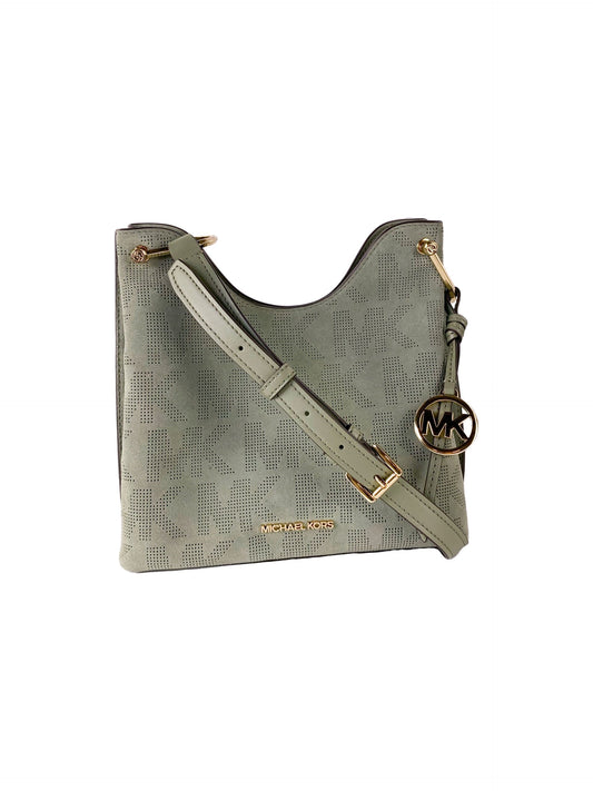 Michael Kors Joan grote, gatenpatroon-suède leren, nonchalante messengerhandtas (legergroen)