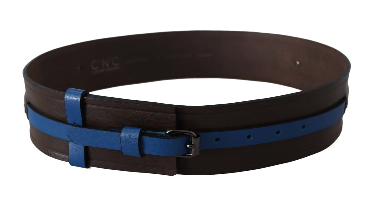 Ceinture à boucle en cuir marron fine et bleue Costume National