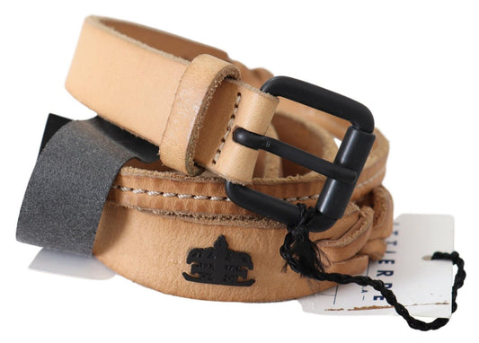 Scervino Street Light Brown Slim Leather Black Logo Buckle Belt
