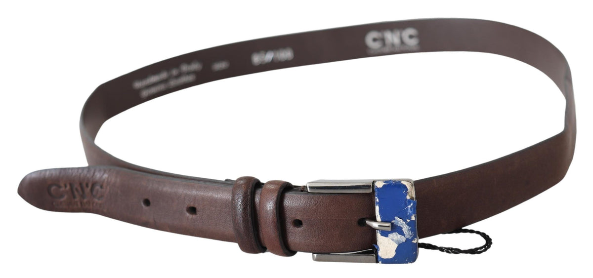Ceinture en cuir véritable marron avec boucle argentée Costume National