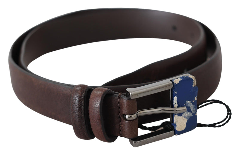 Ceinture en cuir véritable marron avec boucle argentée Costume National