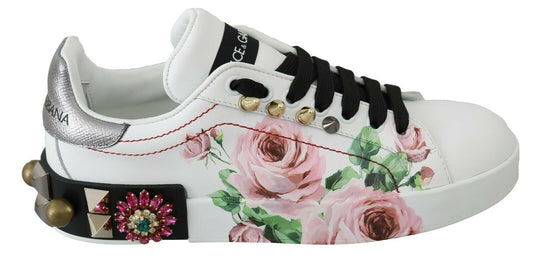 Sneakers en cuir blanc à fleurs et roses en cristal de Dolce & Gabbana