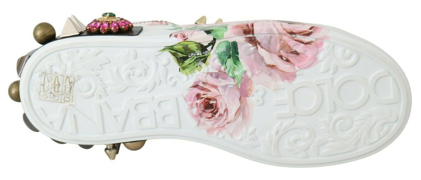 Sneakers en cuir blanc à fleurs et roses en cristal de Dolce & Gabbana