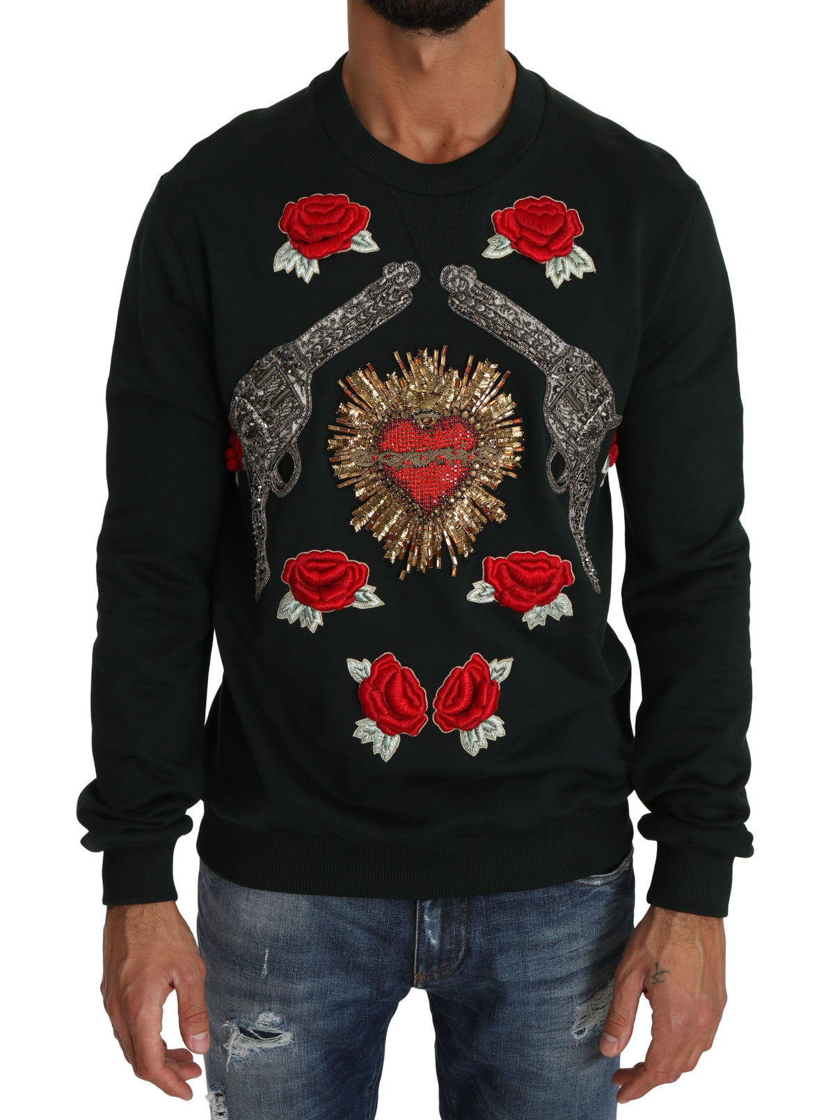 Pull en jersey à motifs roses et cristaux verts en forme de cœur de Dolce &amp; Gabbana
