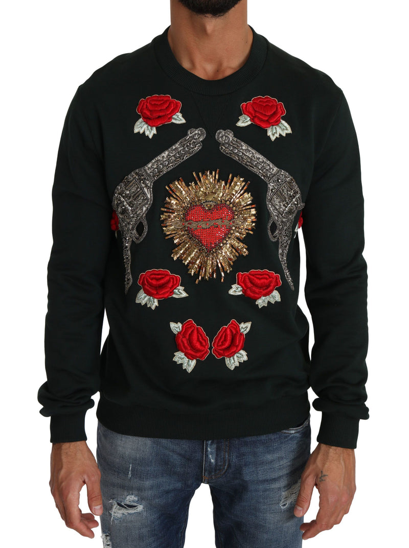 Dolce &amp; Gabbana groene, met kristallen versierde, rozenhart-patroon trui