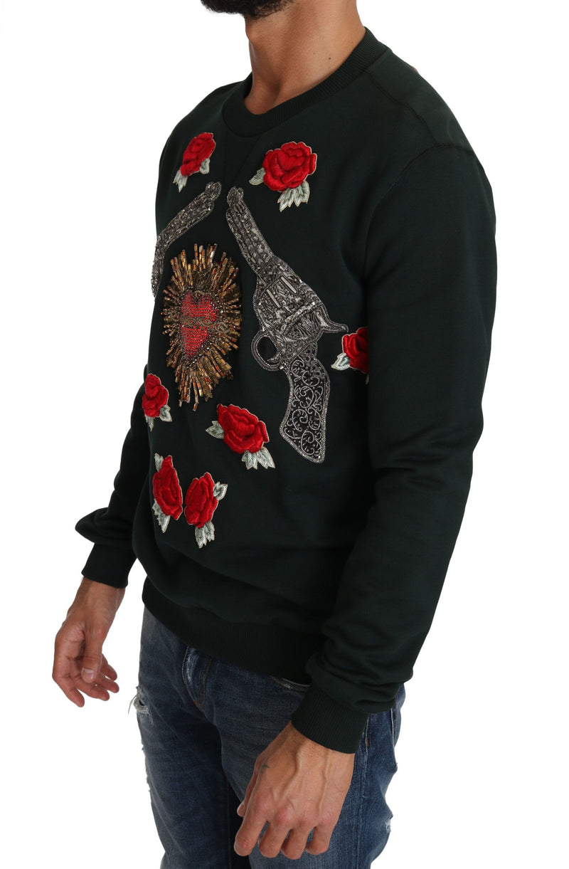 Dolce &amp; Gabbana groene, met kristallen versierde, rozenhart-patroon trui