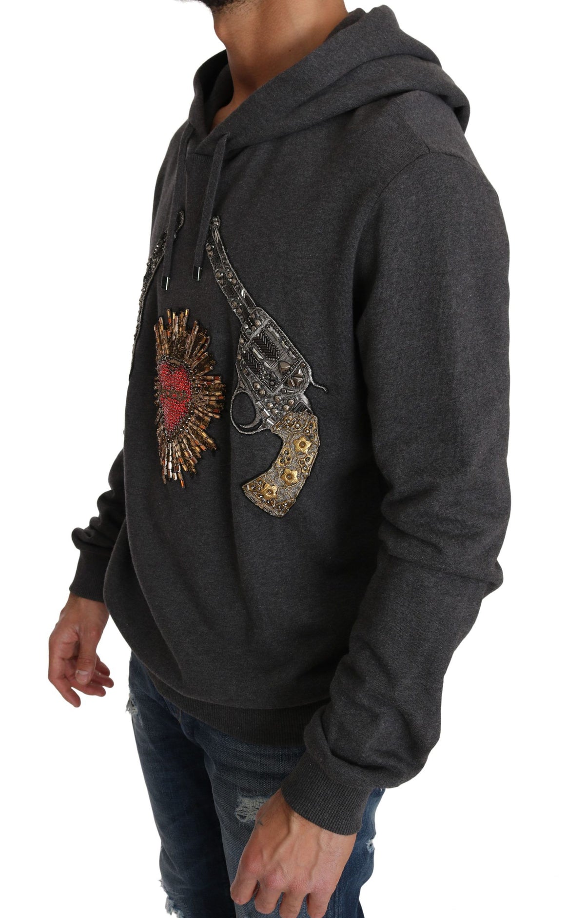 Pull gris à capuche Dolce &amp; Gabbana avec cœur rouge en cristal et motif pistolet.