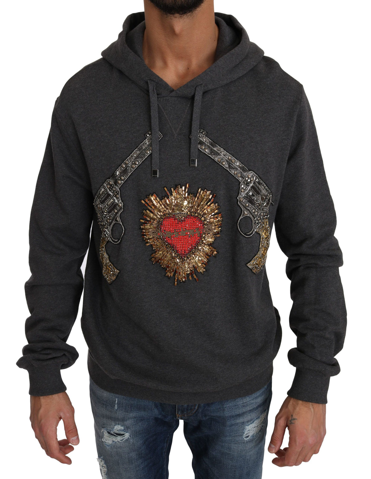 Pull gris à capuche Dolce &amp; Gabbana avec cœur rouge en cristal et motif pistolet.