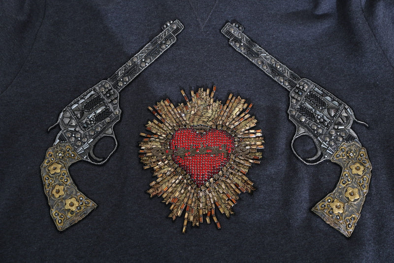 Dolce &amp; Gabbana grijze trui met capuchon en rode kristallen hart- en geweerprint.