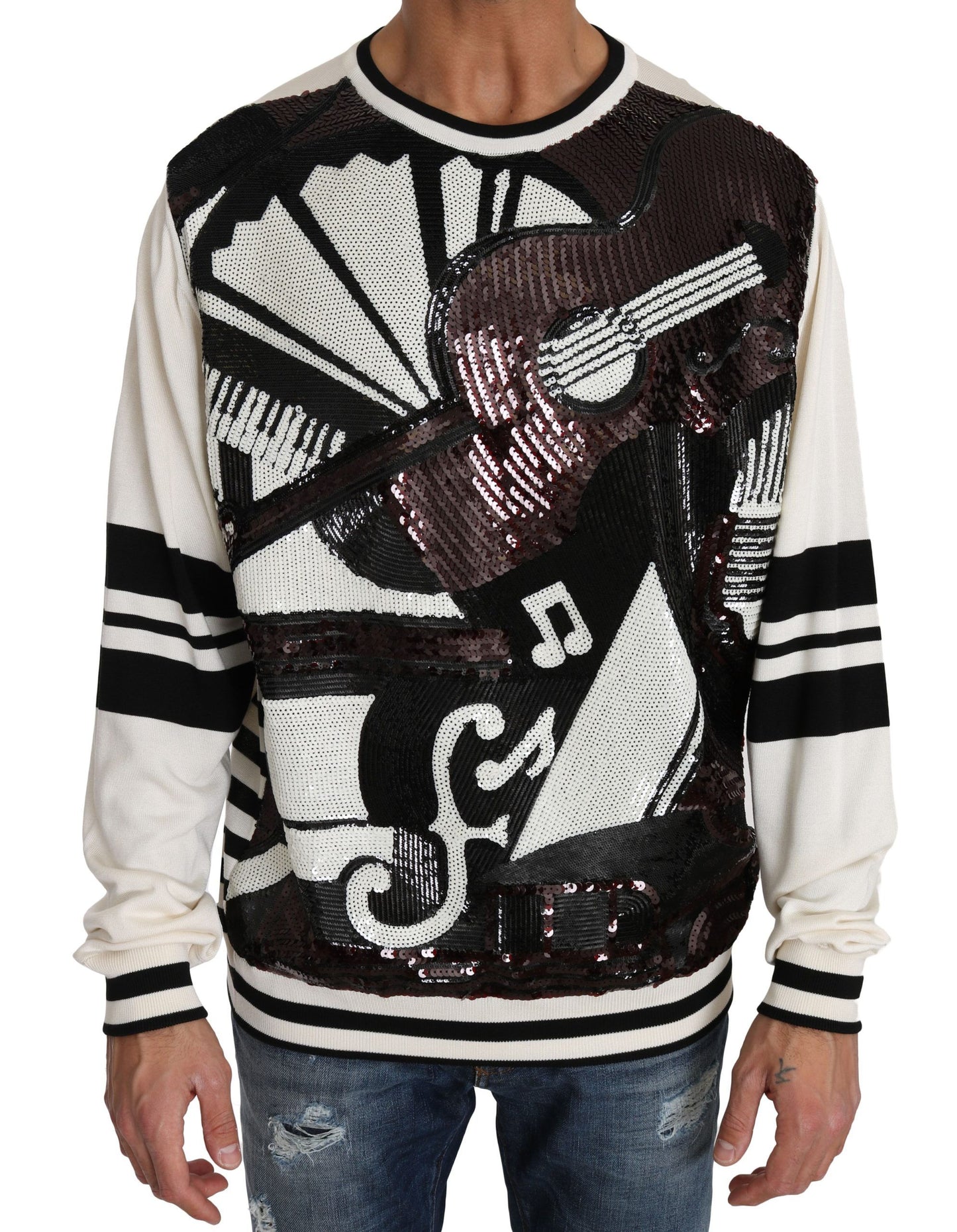 Pull en jersey à paillettes en forme de guitare blanc de Dolce & Gabbana