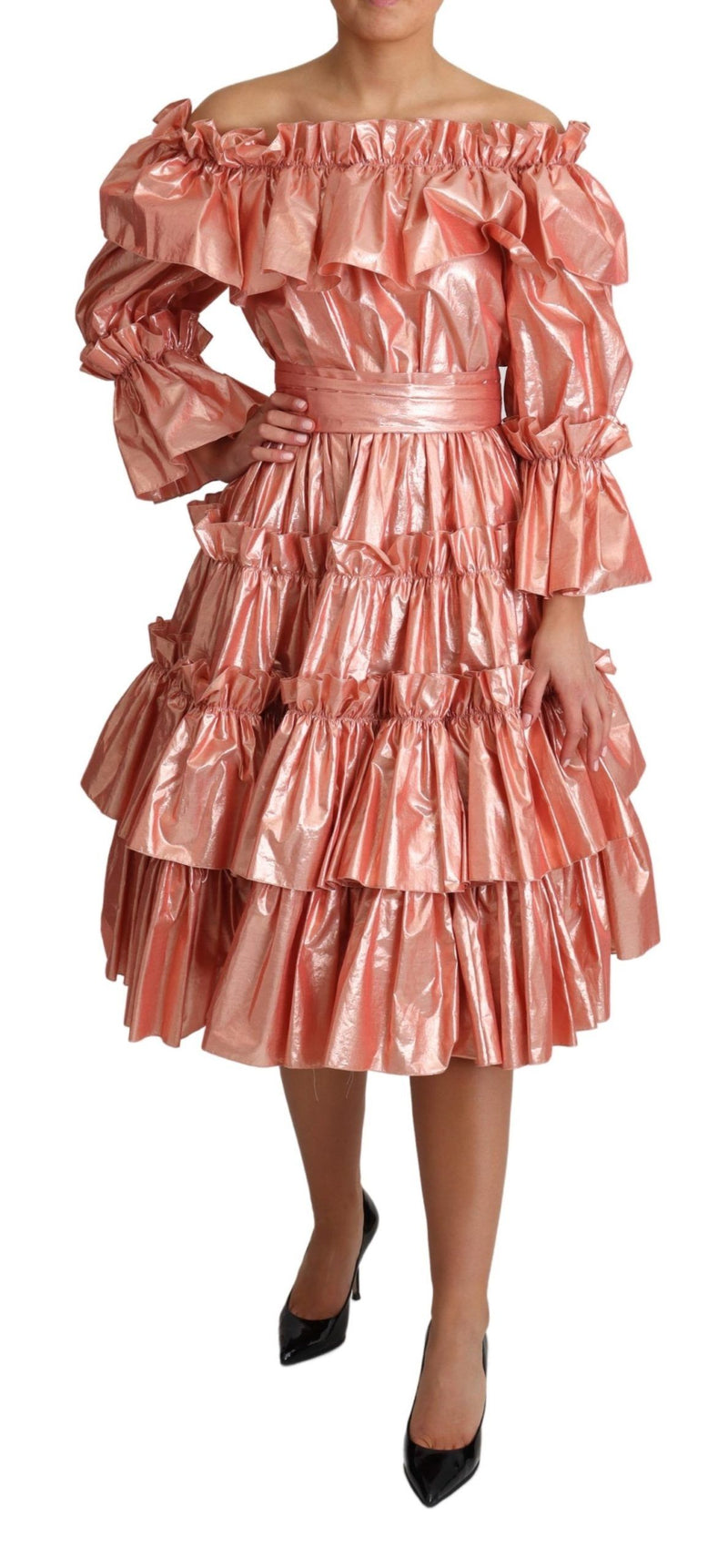 Robe en soie et coton rose à volants Dolce &amp; Gabbana