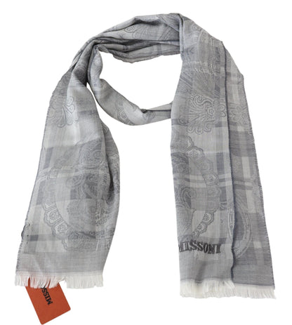 Écharpe unisexe à franges en laine à fleurs grises Missoni