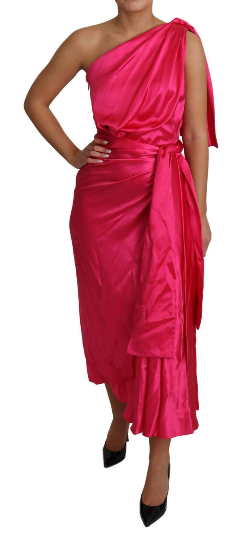 Robe Dolce &amp; Gabbana rose cintrée à une épaule, robe midi asymétrique