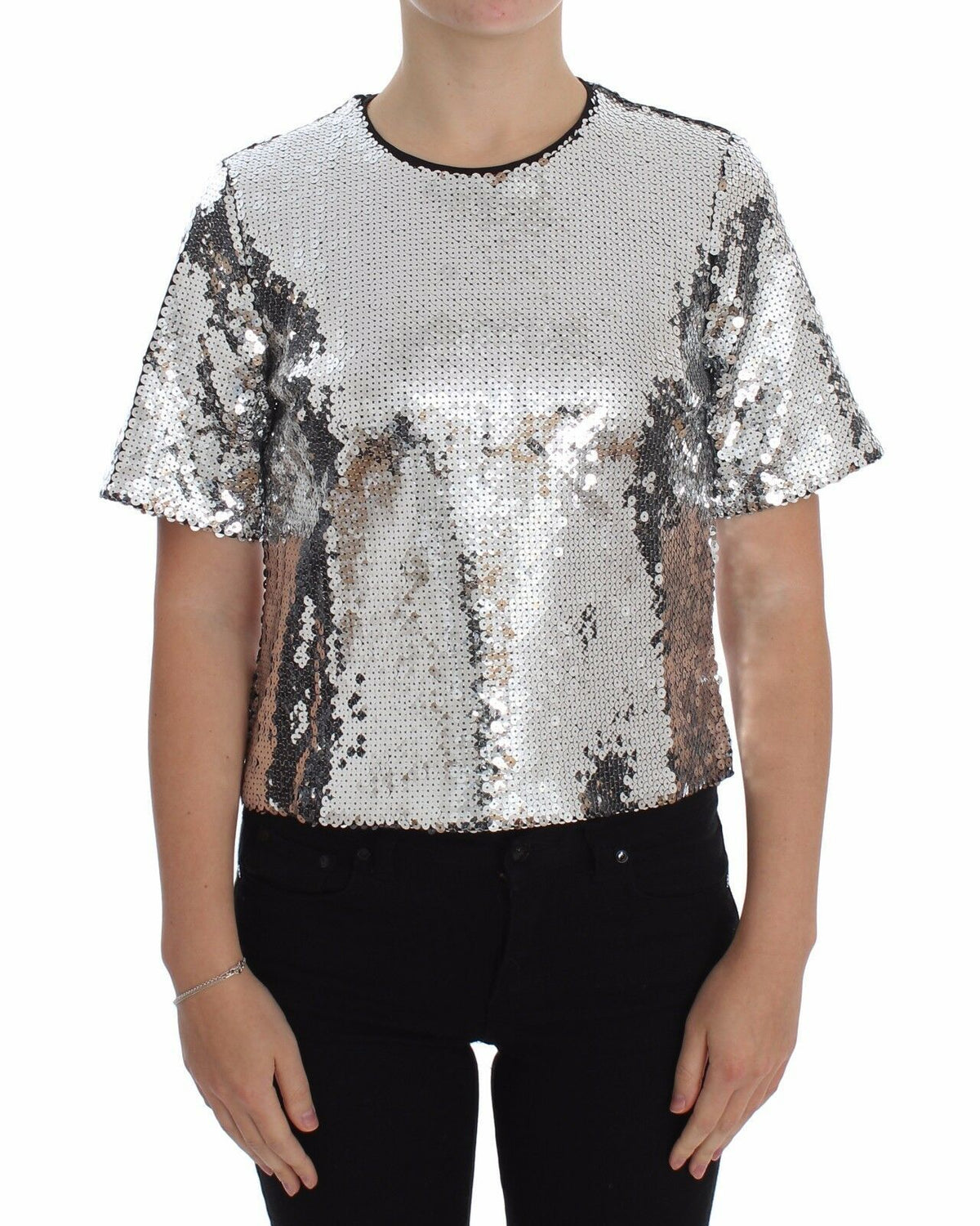 Blouse à manches courtes Dolce &amp; Gabbana, col rond, paillettes argentées.