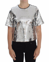 Blouse à manches courtes Dolce &amp; Gabbana, col rond, paillettes argentées.