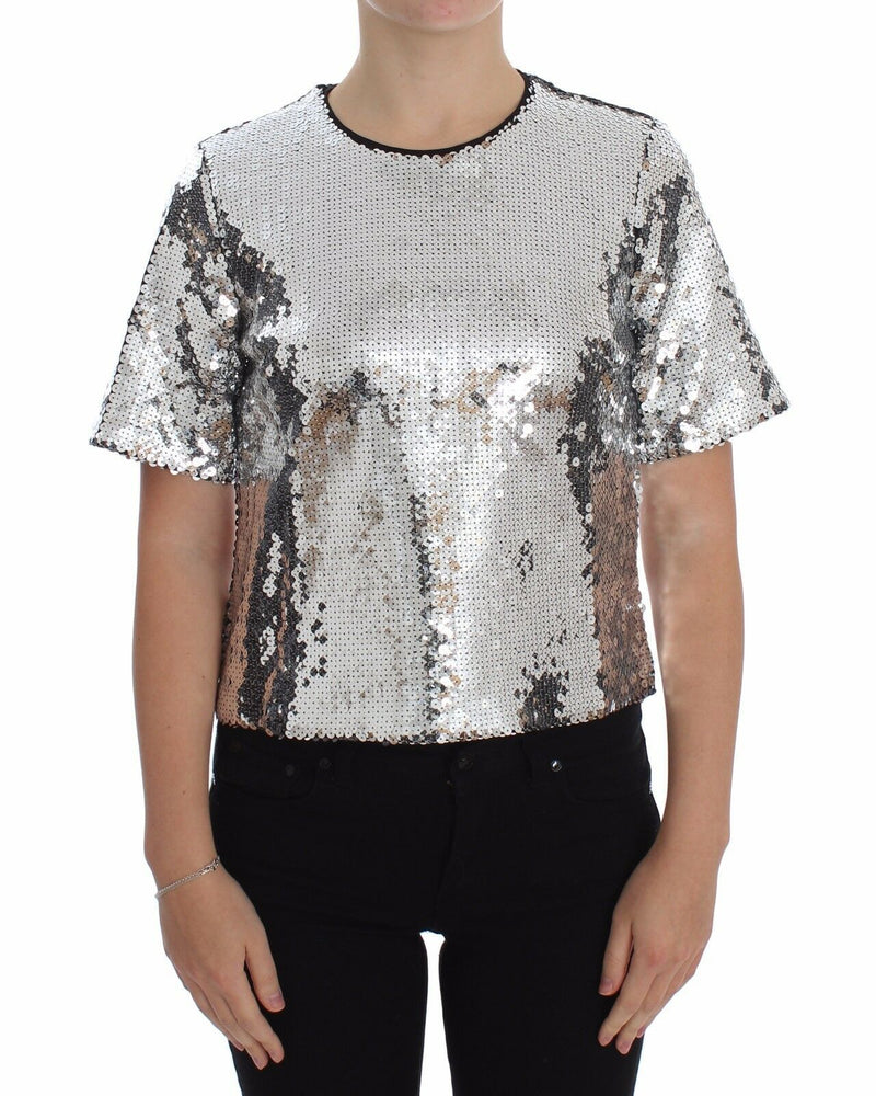 Blouse à manches courtes Dolce &amp; Gabbana, col rond, paillettes argentées.
