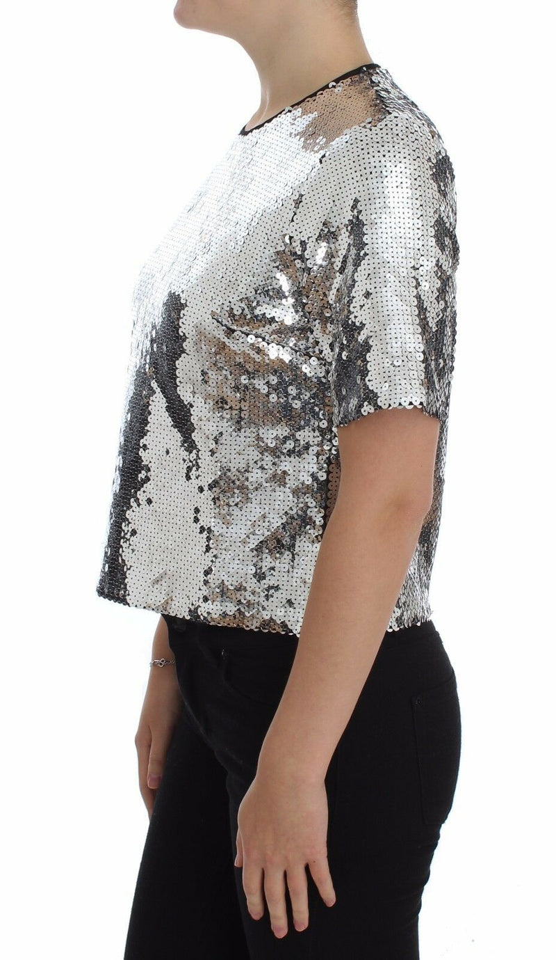 Blouse à manches courtes Dolce &amp; Gabbana, col rond, paillettes argentées.