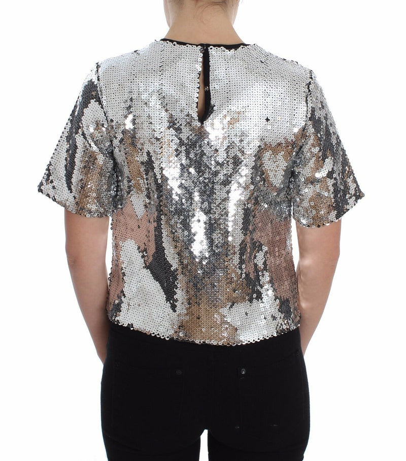 Blouse à manches courtes Dolce &amp; Gabbana, col rond, paillettes argentées.