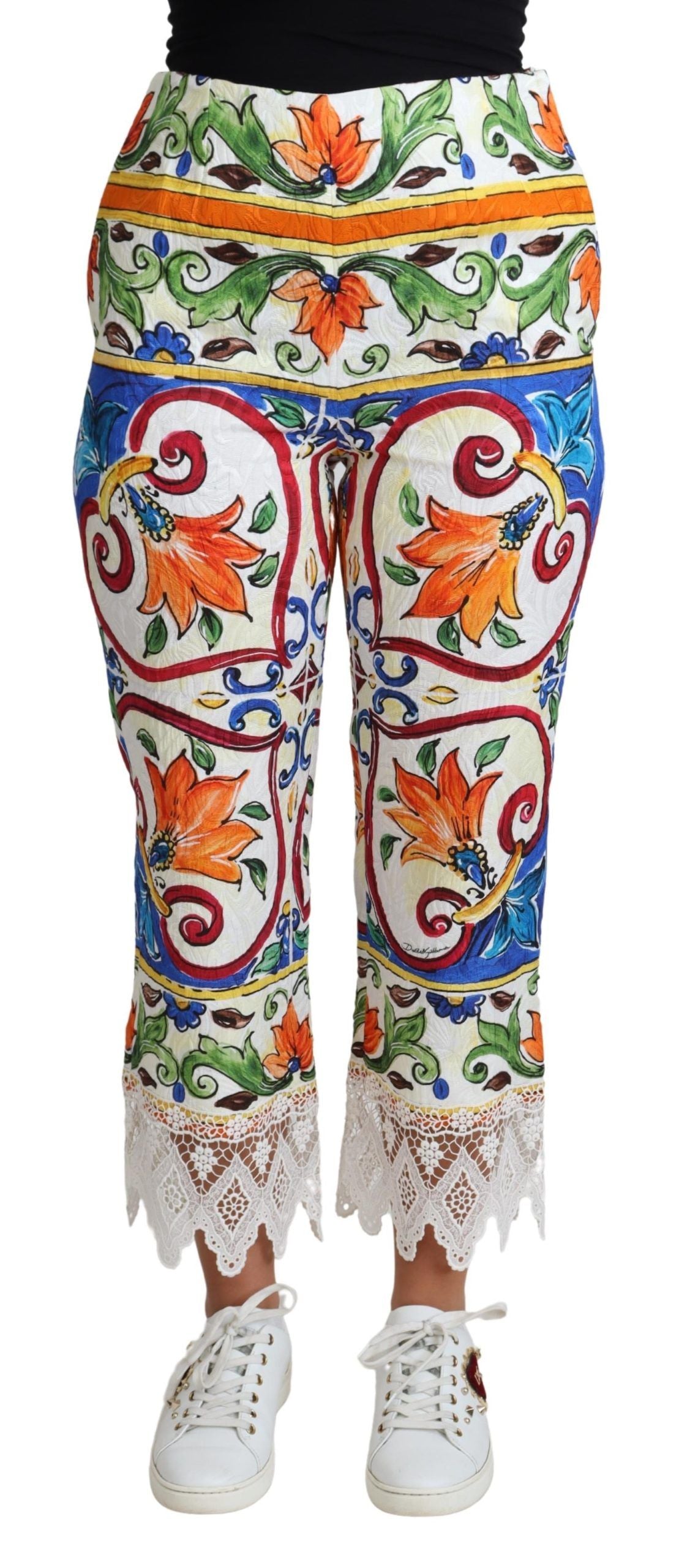 Pantalon en coton imprimé majolique multicolore Dolce &amp; Gabbana