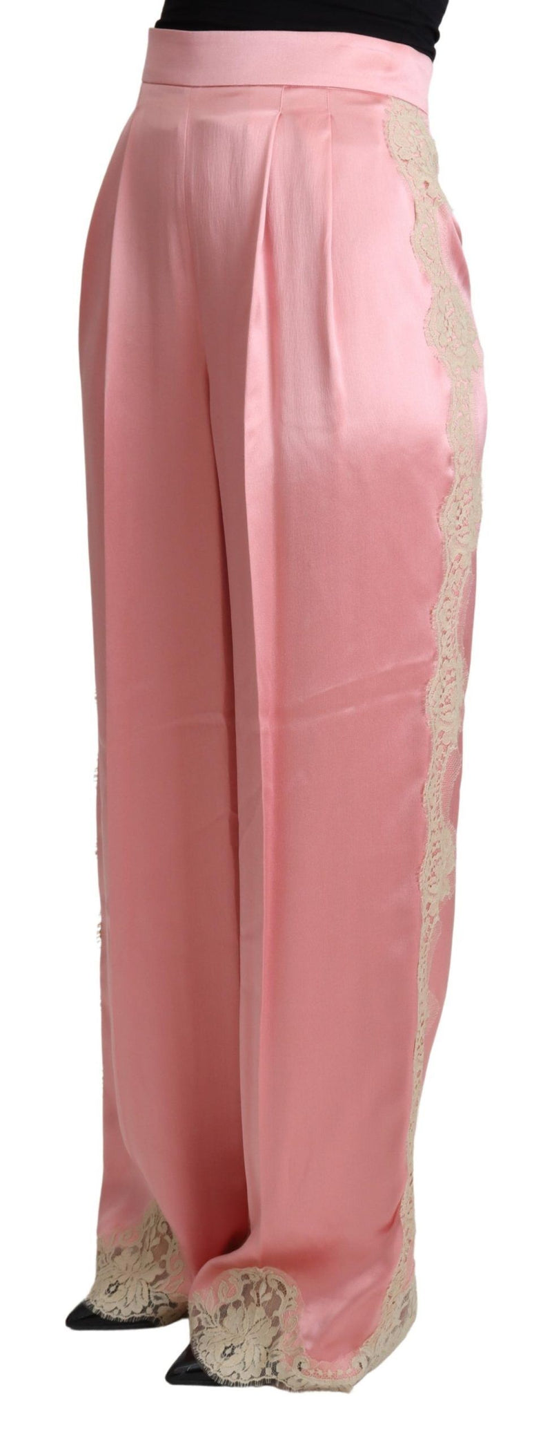 Pantalon large en satin de soie à volants en dentelle rose de Dolce &amp; Gabbana