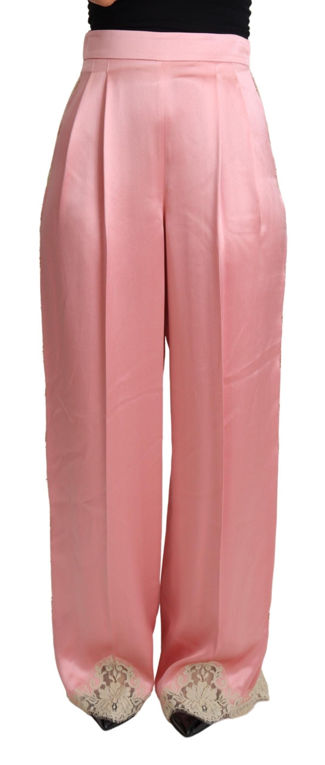 Pantalon large en satin de soie à volants en dentelle rose de Dolce &amp; Gabbana