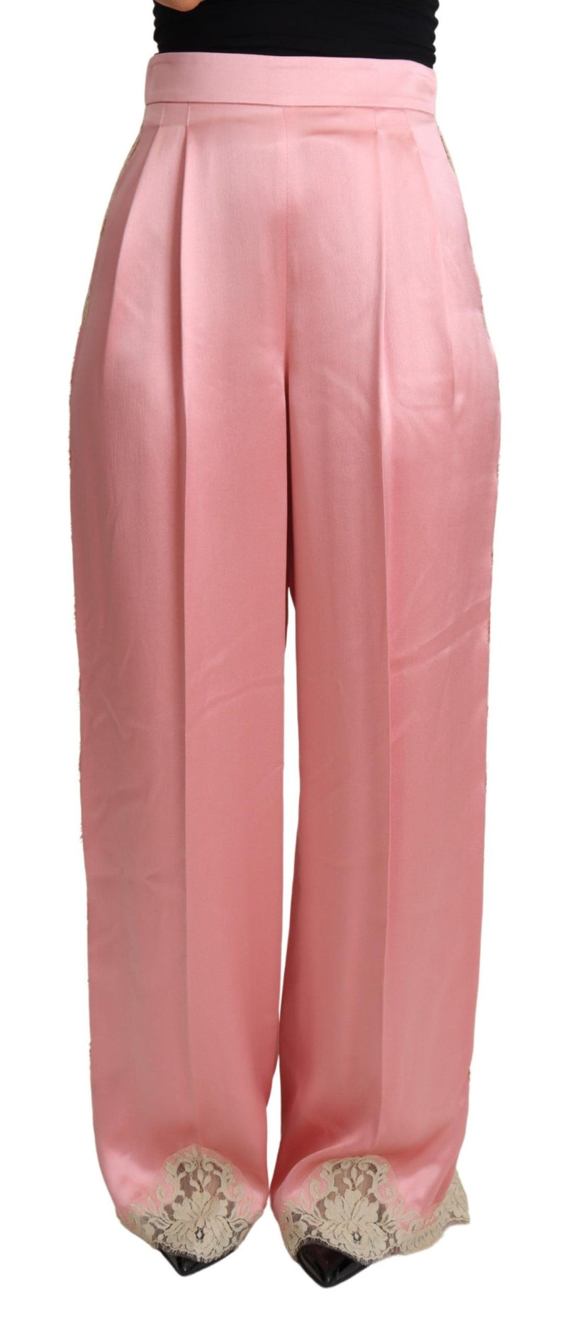 Pantalon large en satin de soie à volants en dentelle rose de Dolce &amp; Gabbana