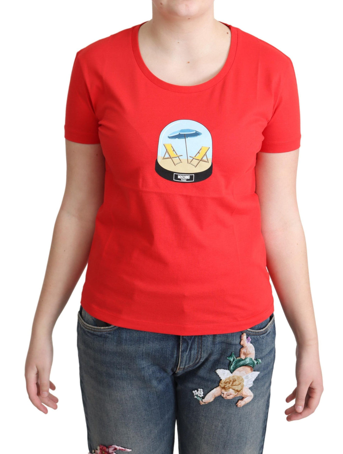 Top, chemisier, t-shirt à manches courtes en coton imprimé rouge Moschino