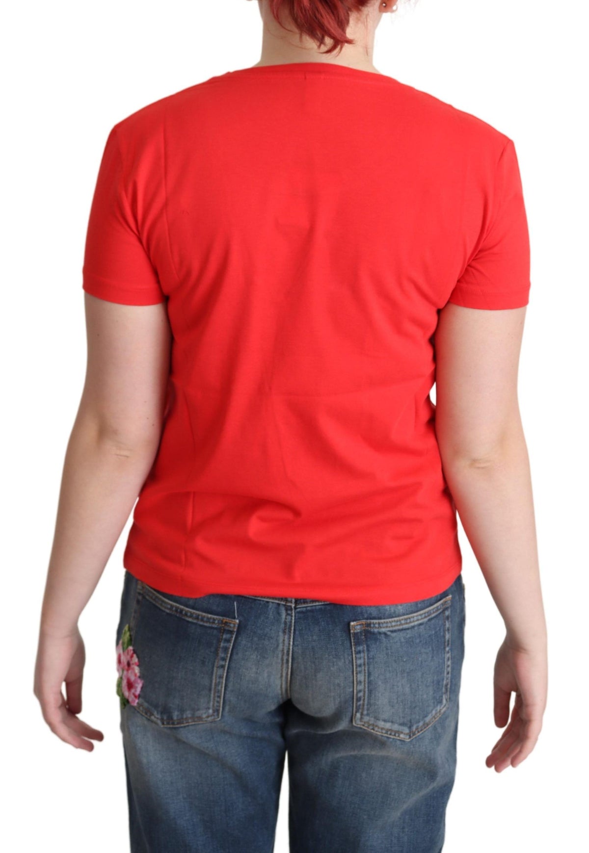 Top, chemisier, t-shirt à manches courtes en coton imprimé rouge Moschino